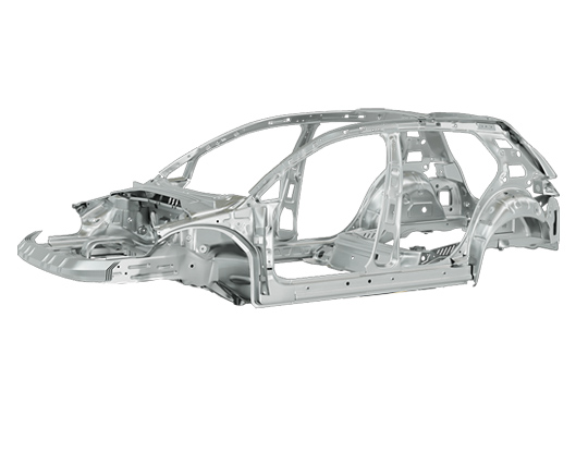 Automotive body-in-white structure made from AHSS steel, shown as a bare car frame in gray on a white background.